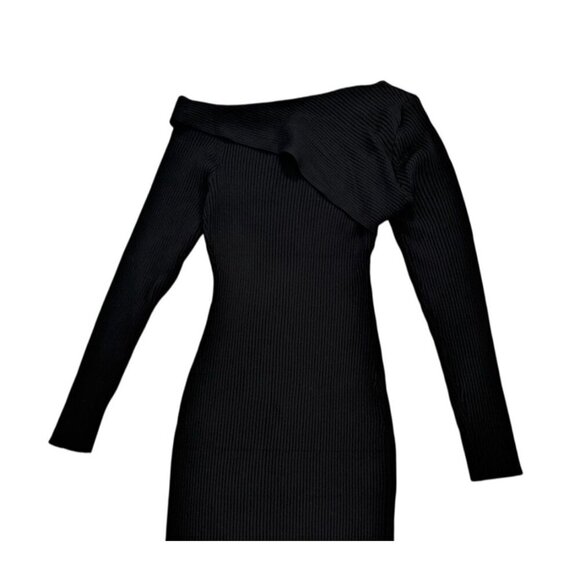 Elegant Black Ribbed Knit Dress With Asymmetrical Neckline, Long Sleeves, Size S - Picture 4 of 10